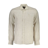 Camicia da colletto italiano in lino beige con ricamo a logo