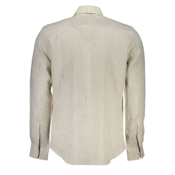 Chemise à col italien en lin beige avec broderie de logo