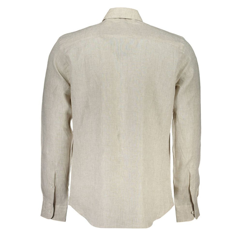 Camicia da colletto italiano in lino beige con ricamo a logo