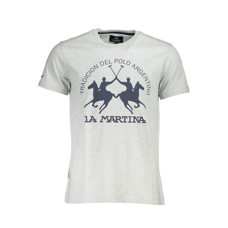 Elegante camiseta gris redonda de cuello con logotipo icónico