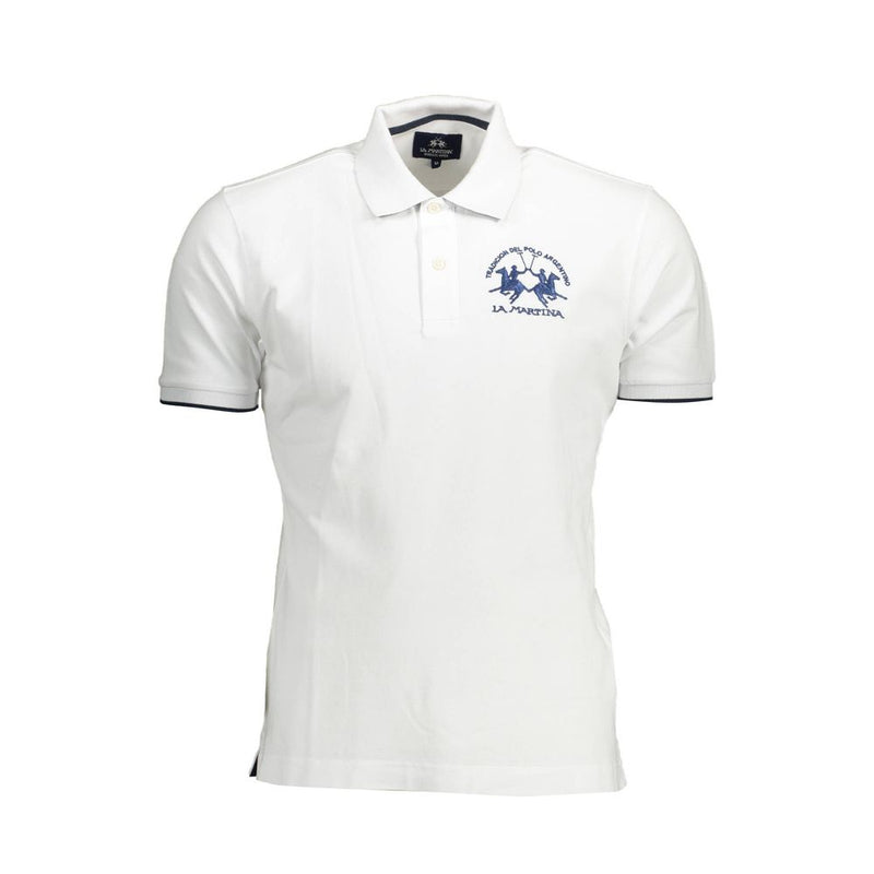 Elegante polo blanco con bordados contrastantes