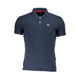 Elegante polo azul delgado-ajuste con detalles contrastantes