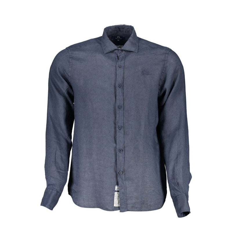 Elegante camisa de manga larga de lino azul