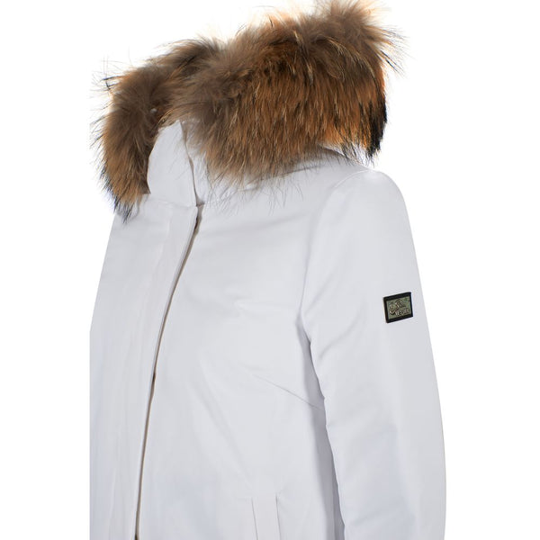 Chic White Down Jacke mit Pelzhaube