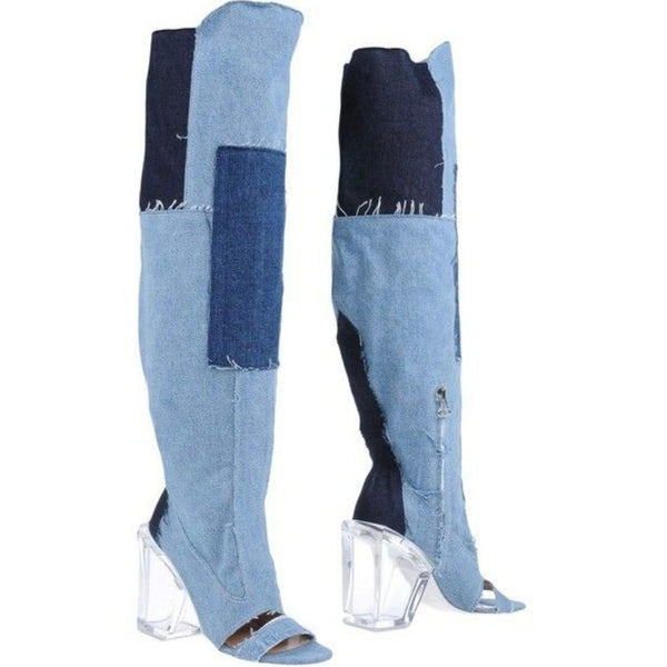 Chic Vintage Denim & transparente Fersenstiefel