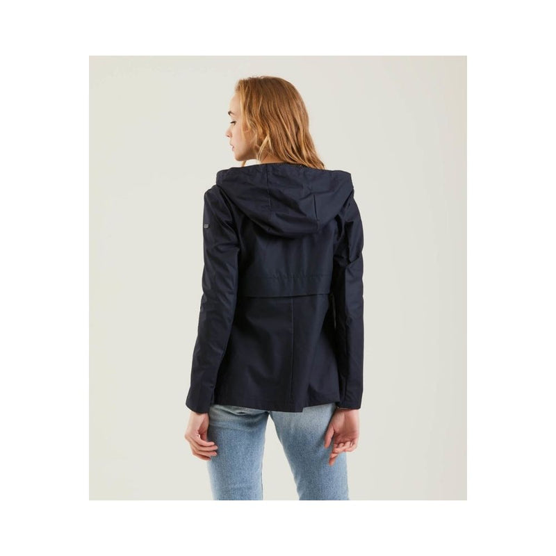 Chic Blue Polyester Jacke mit Reißverschluss und Knopfdetail