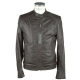 Elegante giacca zip in pelle marrone