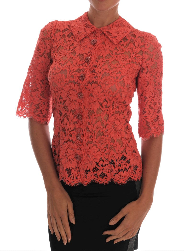 Elegante blusa de cárdigan de cristal de encaje floral naranja