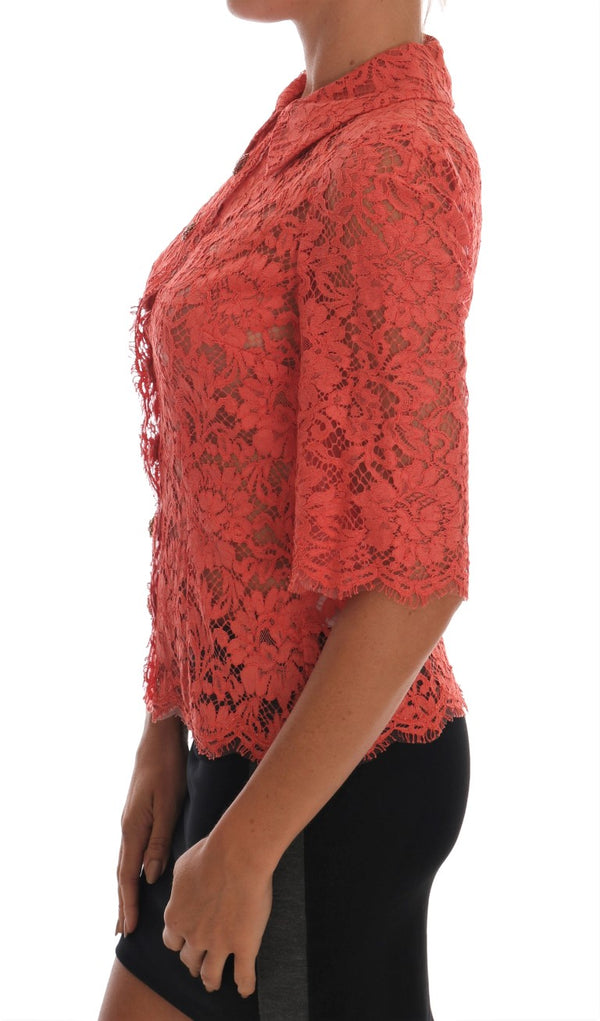 Elegante blusa de cárdigan de cristal de encaje floral naranja