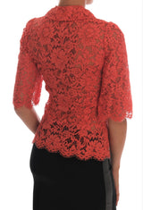 Elegante blusa de cárdigan de cristal de encaje floral naranja