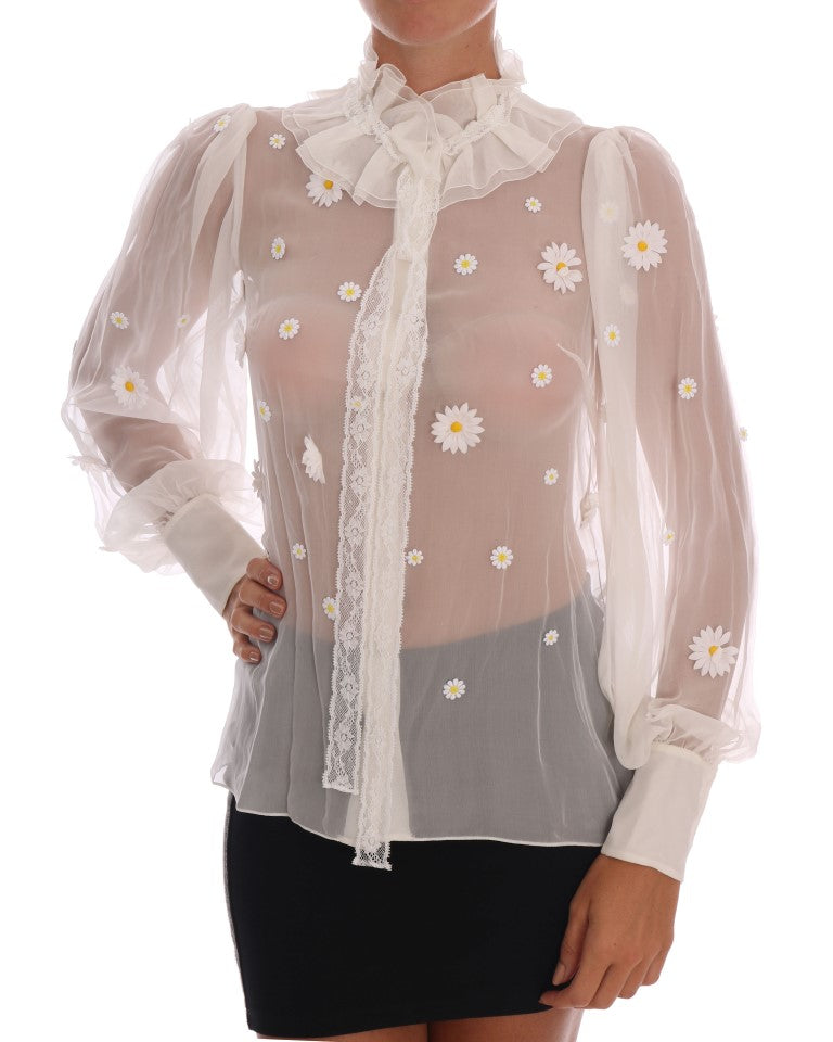 Elegant White Silk Daisy Blouse