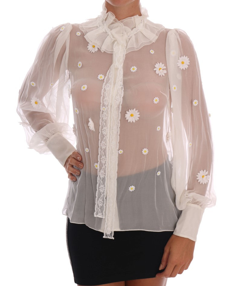 Elegante blusa de margarita de seda blanca