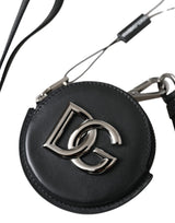 Black Round Leather DG Logo Coin Purse Lanyard Wallet