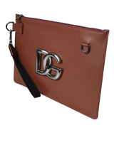 Brown Calfskin Leather DG Logo Pouch Wrist Strap Bag