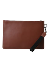 Brown Calfskin Leather DG Logo Pouch Wrist Strap Bag