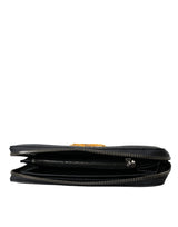 Black Leather Logo Patch Zip Around Continental Wallet