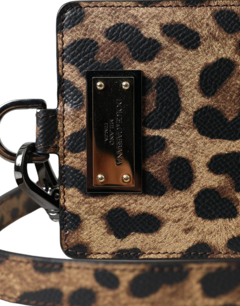 Brown Leather Leopard Print Logo Plaque Cardholder Wallet