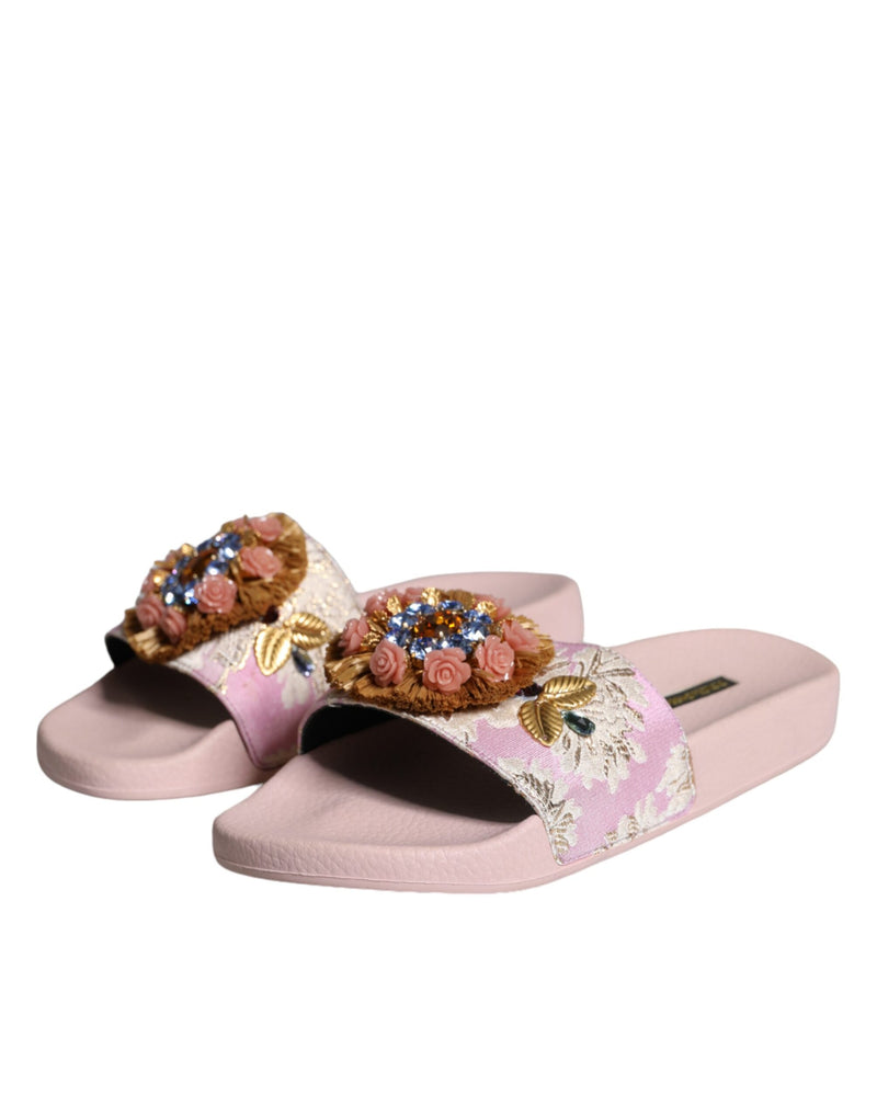 Pink Brocade Crystal Sandals Slides Beachwear Shoes