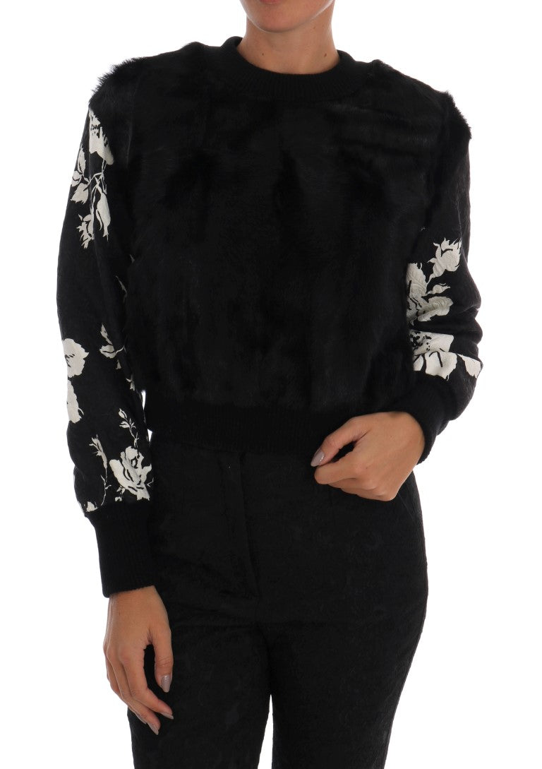 Brocade floral pull de fourrure noire