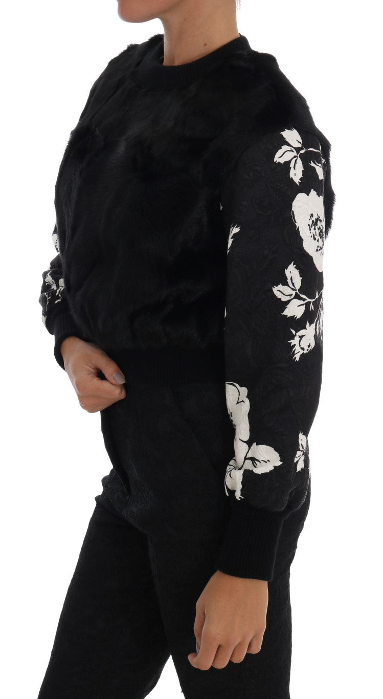 Brocade floral pull de fourrure noire