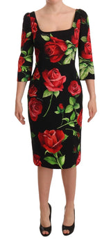 Black Red Roses Sheath Silk Stretch Dress