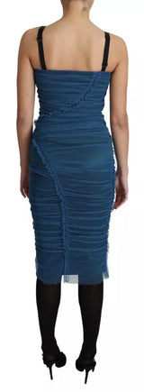 Blue Draped Tulle Midi Sheath Cotton Dress