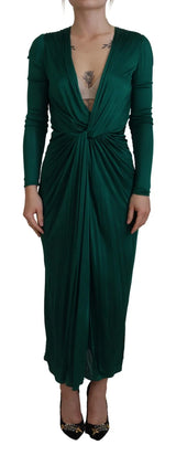 Dark Green Viscose Long Sleeve Midi Dress