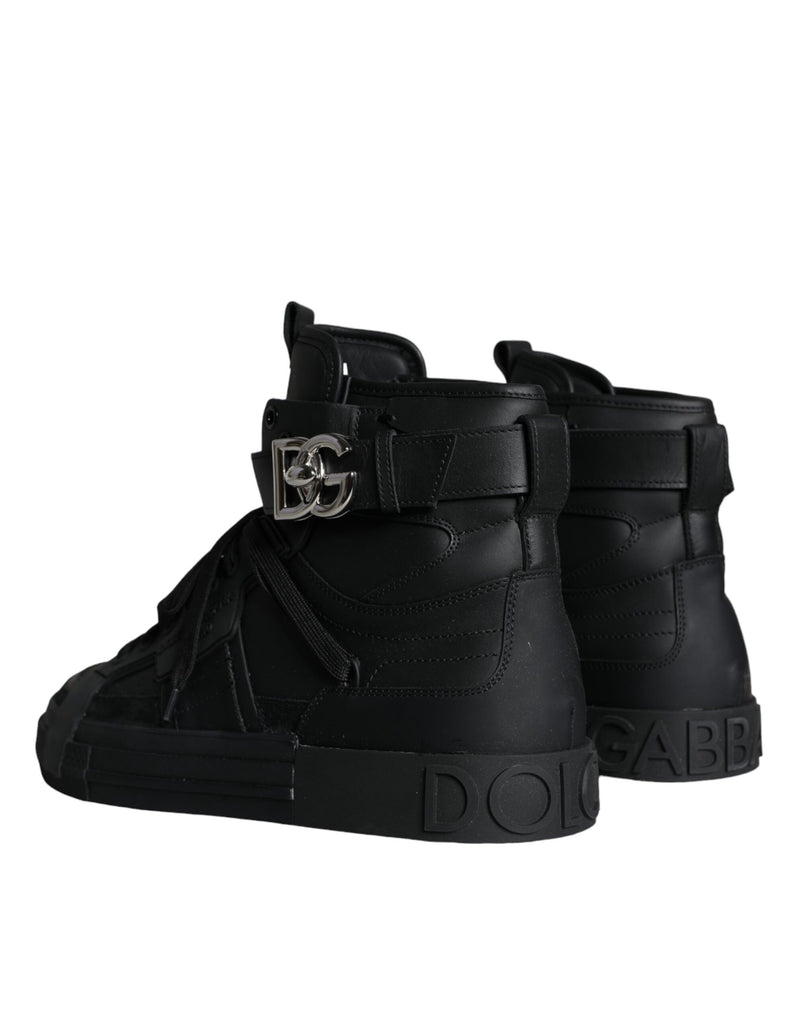 Black Leather High Top Logo Sneakers Shoes