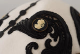 White Black Wool Embroidered Cameo Brooch Hat