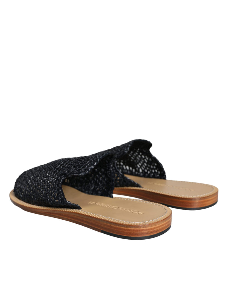 Black Monochrome Braided Raffia Slides Shoes