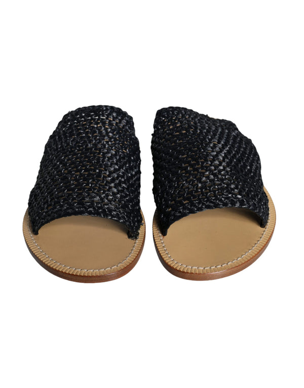 Black Monochrome Braided Raffia Slides Shoes