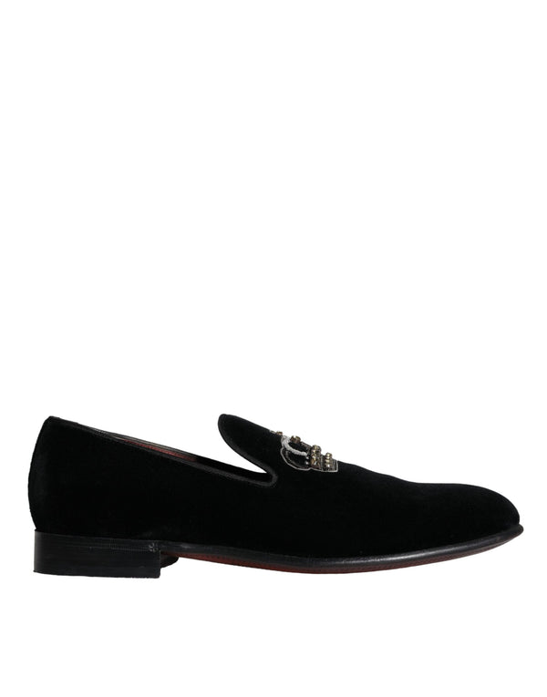 Black Velvet Crystal Crown Men Loafers Shoes