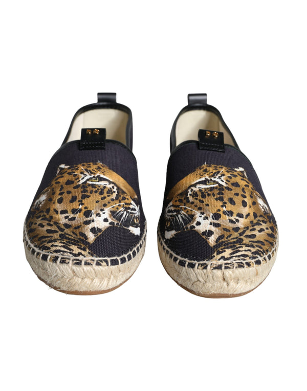 Black Cotton Leopard Slip On Espadrilles Shoes