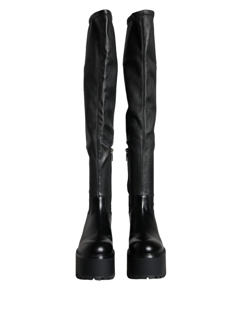 Black Leather Logo Knee High Boots Shoes