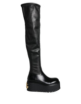 Black Leather Logo Knee High Boots Shoes