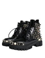 Black Leather Studs Embellished Combat Boots Shoes