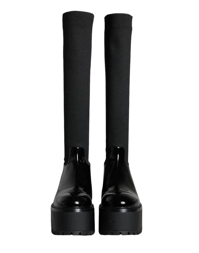 Black Leather Jersey Knee High Boots Shoes