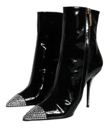 Black Patent Leather Crystal Heel Boots Shoes