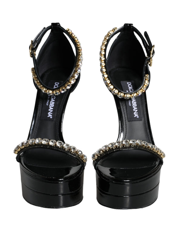 Black Keira Leather Crystals Sandals Heels Shoes