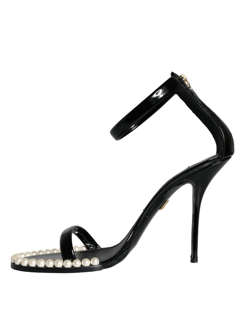 Black Keira Leather Faux Pearl Sandals Heels Shoes