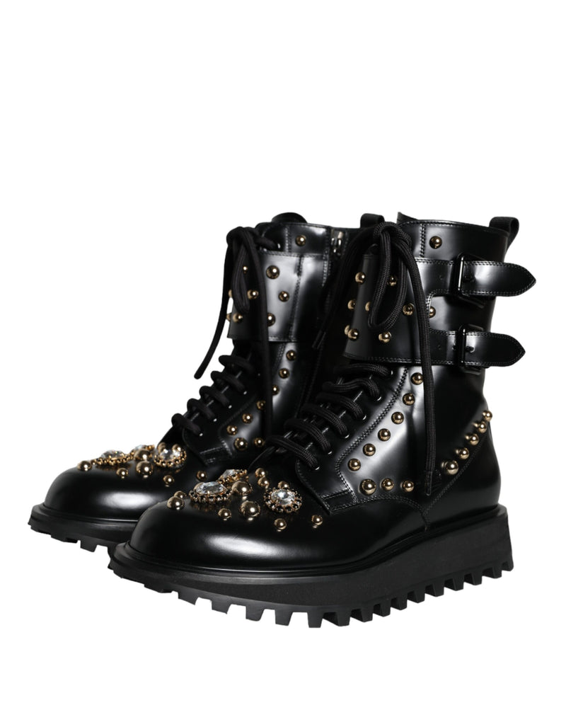 Black Leather Studs Embellished Combat Boots Shoes