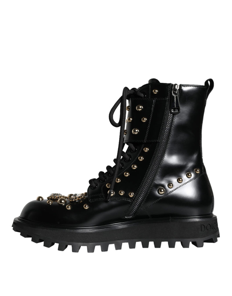 Black Leather Studs Embellished Combat Boots Shoes