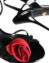 Black Leather Rose Ankle Strap Keira Sandals Shoes