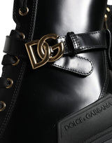 Black Calf Leather Logo Trekking Biker Boots Shoes