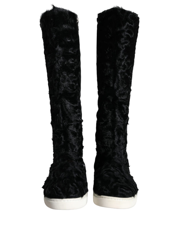 Black Xiangao Lamb Fur Leather Boots Shoes