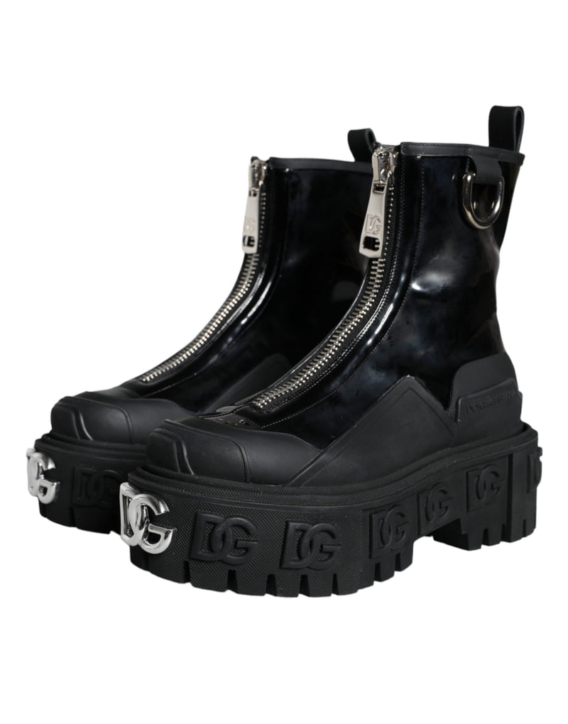 Black Leather Rubber Logo Ankle Boots Shoes