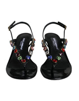 Black Leather Crystal Slingback Sandals Shoes