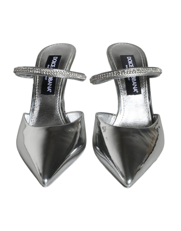 Silver Crystal Leather Slip On Sandals Shoes