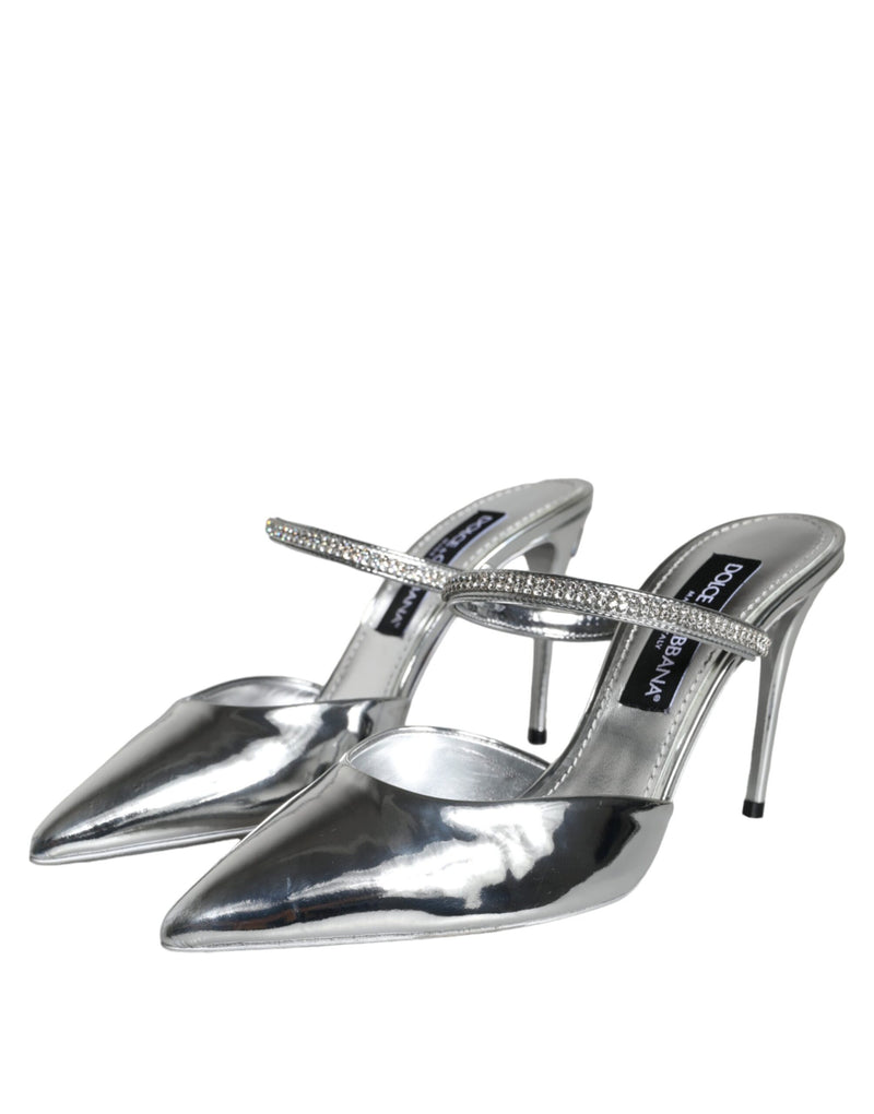 Silver Crystal Leather Slip On Sandals Shoes