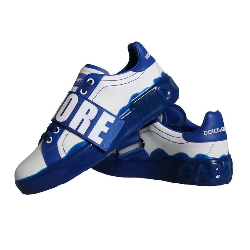 White Blue Amore Print Leather Sneakers Shoes